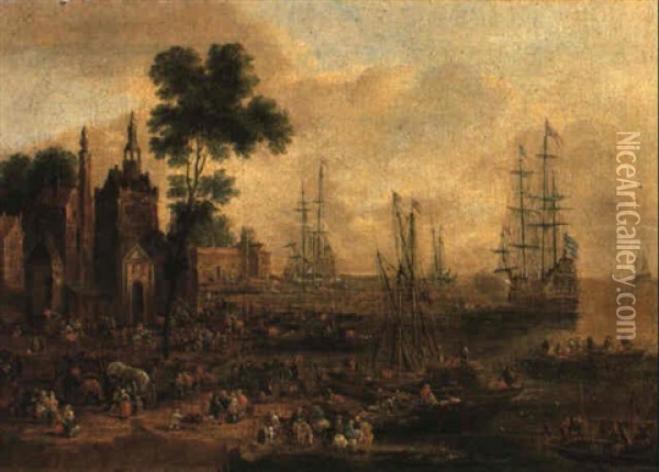 Peasants Loading Packages Onto Wagons In A Harbour Oil Painting - Pieter Bout