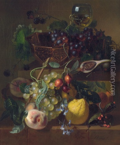 Fruchtestilleben Mit Messingschale Und Romer Oil Painting - Adriana Van Ravenswaay