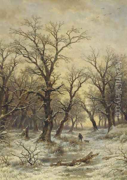 Huntsman in a winter landscape Oil Painting - Remigius Adriannus van Haanen