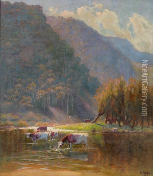 Cattle Drinking Oil Painting - Thomas Dean
