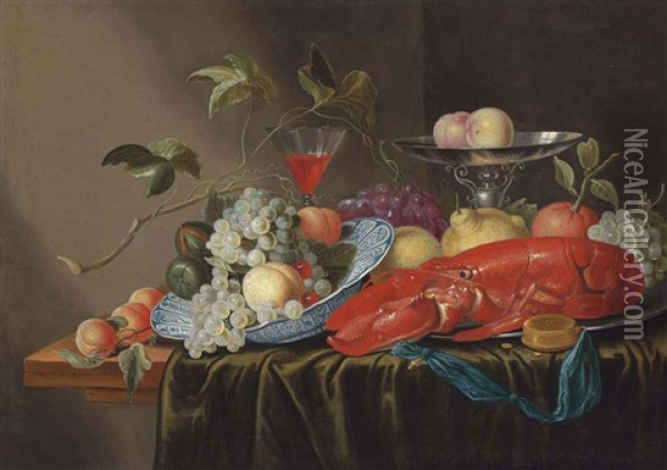 Grapes, Peaches, Cherries And Figs In A Wan-li Porcelain Bowl, A Lobster, With An Orange And Lemon, On A Pewter Platter... Oil Painting - Cornelis Mahu