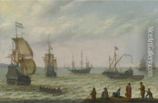 Coastal Landscape With Dutch Shipping In Choppy Seas Oil Painting - Abraham Willaerts