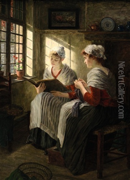 Zwei Madchen Am Fenster Oil Painting - Walter Firle