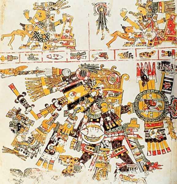 Facsimile copy of a page of the Borgia codex depicting The black Tezcatlipoca Oil Painting - Mixtec