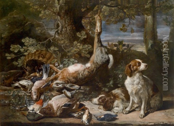 Ein Jagdstillleben Mit Erlegtem Niederwild Und Zwei Hunden Oil Painting - David de Koninck