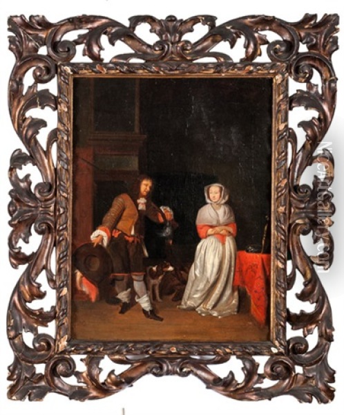 Hunter And A Woman In House Interior Oil Painting - Gabriel Metsu