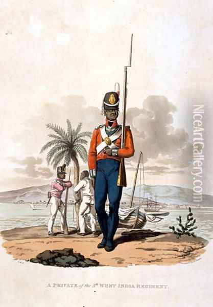 A Private of the 5th West India Regiment, from Costumes of the Army of the British Empire, according to the last regulations 1812, engraved by J.C. Stadler, published by Colnaghi and Co. 1812-15 Oil Painting - Charles Hamilton Smith