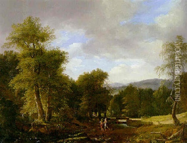 A Wooded River Landscape With Figures Fording A River Oil Painting - Jean Victor Bertin