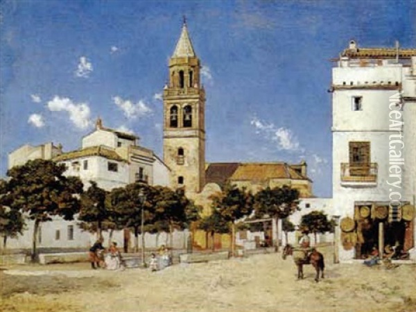 A Spanish Square Oil Painting - Pedro Vega Y Munoz