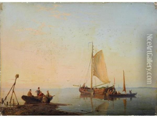Scene On The Dutch Coast At Sunset Oil Painting - Pieter Christiaan Cornelis Dommersen
