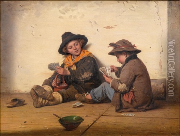 Children Playing Cards Oil Painting - Antonio Ermolao Paoletti