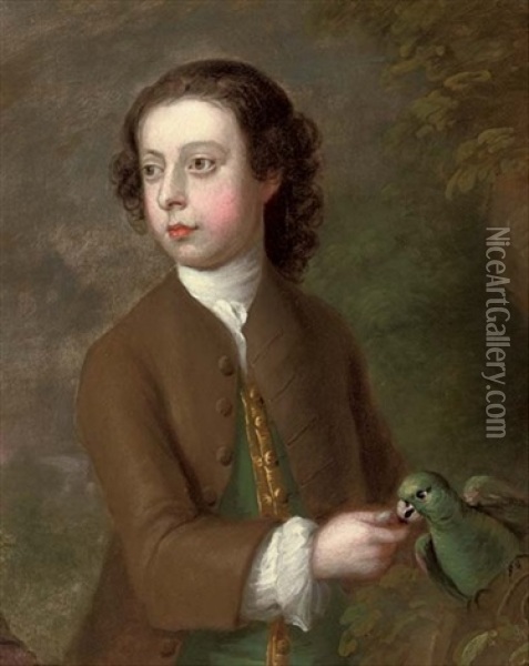 Portrait Of A Boy In A Brown Coat And Green Waistcoat With Gold Trim, Feeding A Parrot, In A Landscape Oil Painting - George Knapton