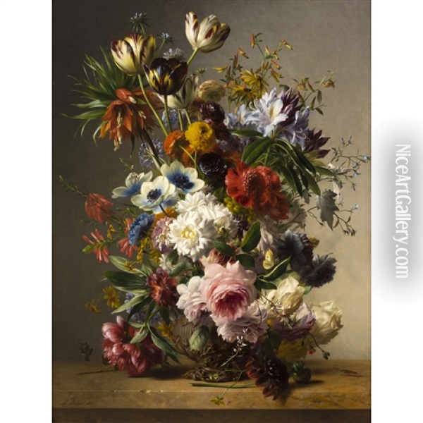 Still Life Of Flowers On A Stone Ledge Oil Painting - Hendrik Reekers
