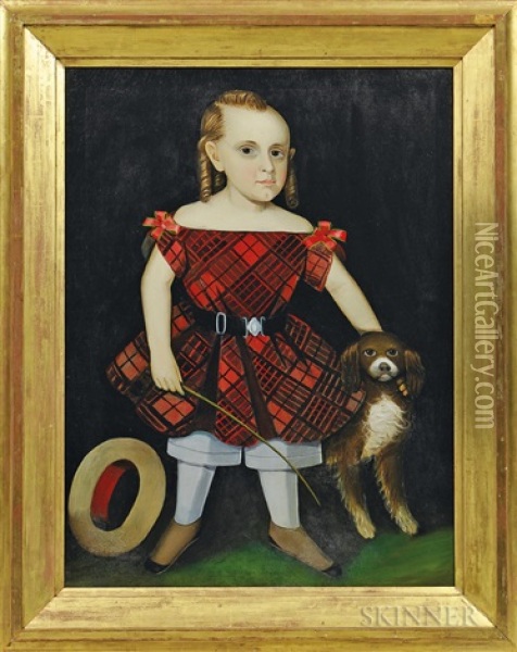 Portrait Of Child In Plaid Dress With A Dog Oil Painting - Ammi Phillips
