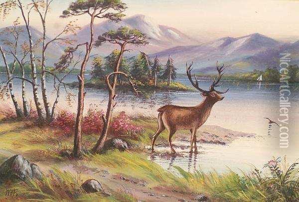Stag Before A Loch Landscape Oil Painting - William Henry Bancroft