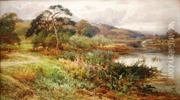 River Landscape With Cattle Watering On Far Bank Oil Painting - John Horace Hooper