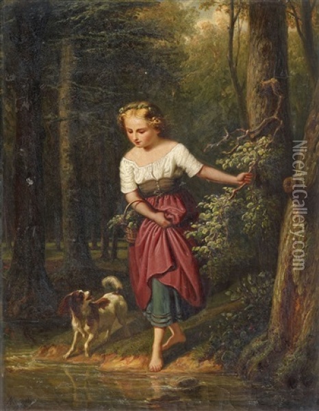 Girl Crossing A Stream Oil Painting - Friedrich Rudolf Albert Korneck