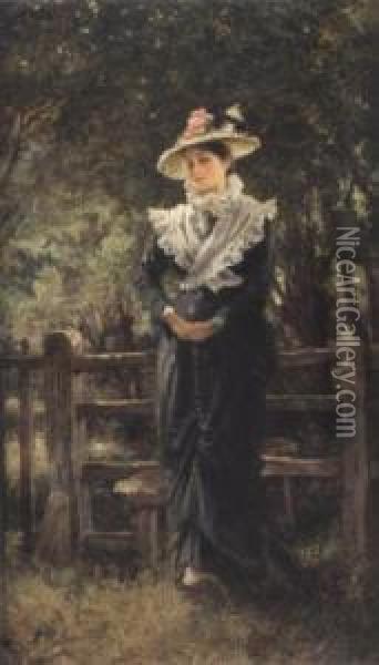 Portrait Of Miss Collinson Shedley Standing Beside A Stile Oil Painting - Keeley Halswelle