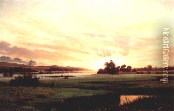 Landskab Ved Solnedgang Med Graessende Koer I Dis Pa Engen Oil Painting - Vilhelm Peter Karl Kyhn