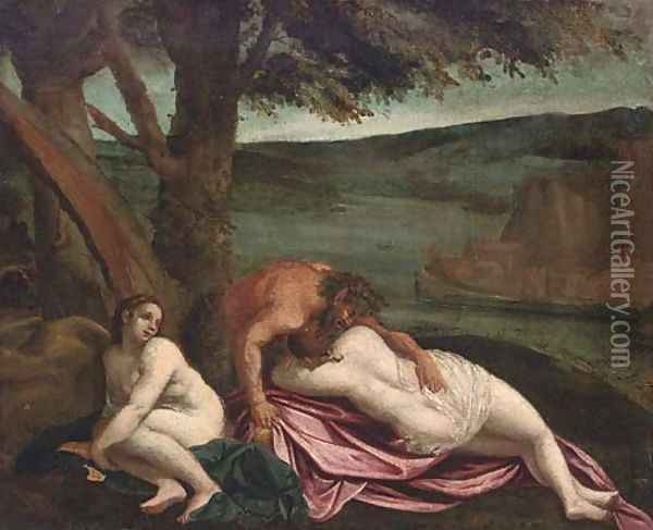 Two nymphs with a satyr on a river bank Oil Painting - Ippolito Scarsella (see Scarsellino)