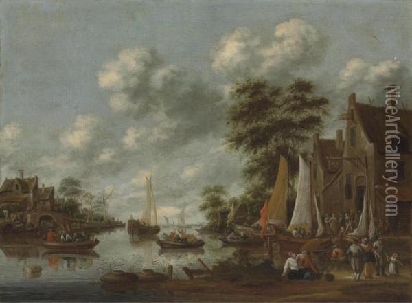 A River Landscape With Ferry Boats And Other Vessels, Figures Disembarking By An Inn Oil Painting - Thomas Heeremans