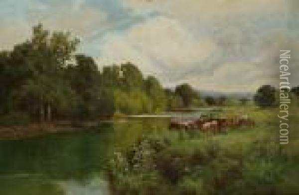 Cattle In A Water Meadow Oil Painting - Henry Hillier Parker