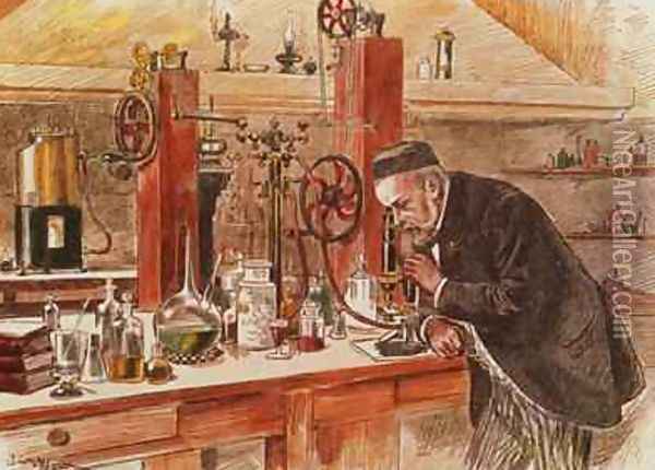 Louis Pasteur experimenting for the cure of hydrophobia in his laboratory 1885 Oil Painting - Adrien Emmanuel Marie
