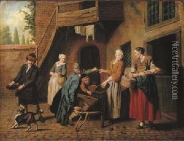 A Courtyard In A Town With A Mussel Seller And Other Figures Oil Painting - Jan Josef, the Elder Horemans
