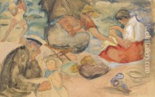 Frohliches Treiben Am Strand. Oil Painting - Odilon Roche