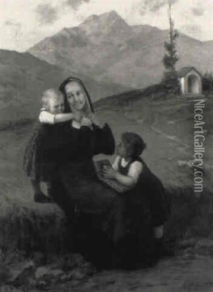 Nonne Mit Zwei Kleinen Kindern Oil Painting - Theodor Kleehaas