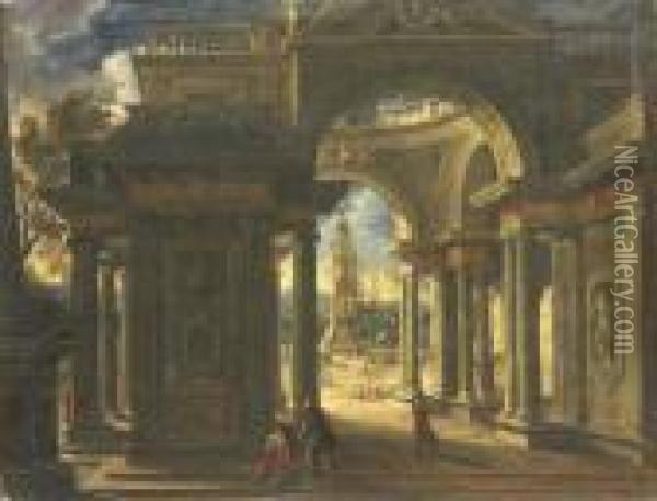 An Architectural Capriccio Of The Loggia Of A Baroque Palace Oil Painting - Viviano Codazzi
