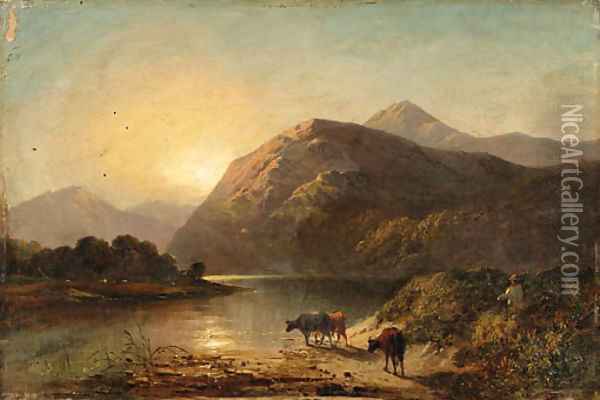 Cows by a highland lake Oil Painting - Alfred de Breanski