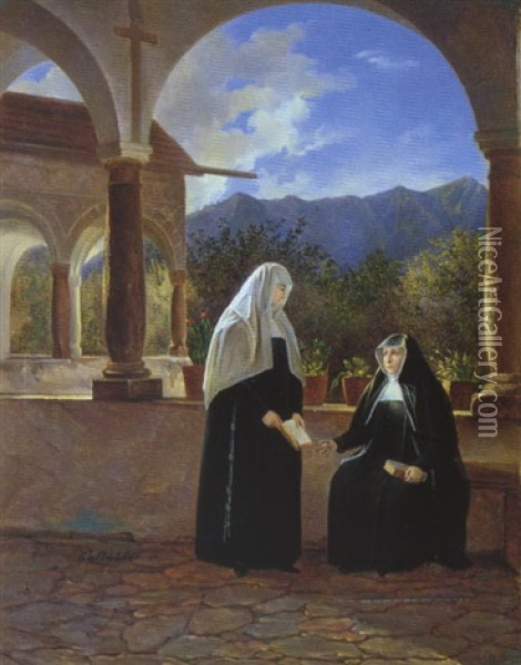Zwei Sich Unterhaltende Ordensschwestern Im Arkadengang Eines Kloster Oil Painting - Ferdinand Waldmueller