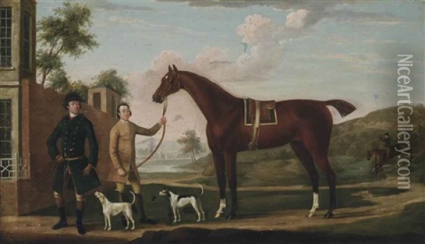 A Huntsman With His Chestnut Hunter, Held By A Groom, With Two Hounds, An Extensive Landscape Beyond Oil Painting - Thomas Spencer