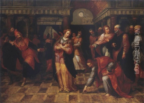 Christ Et La Femme Adultere Oil Painting - Adriaen van Nieulandt the Elder