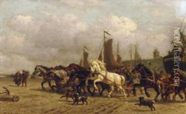 Horsepower: Dragging A 'bomschuit' To Sea, Scheveningen Oil Painting - Willem Carel Nakken