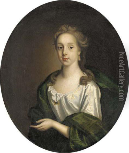 Portrait Of Sophia Colston, Half-length, In A White Dress And Green Wrap, Oval Oil Painting - Sir Godfrey Kneller