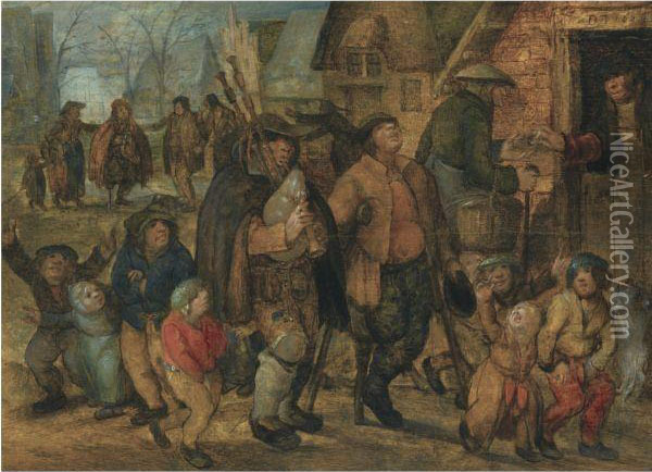 A Village Scene With A Bagpipe Player Surrounded By Children Oil Painting - David Vinckboons