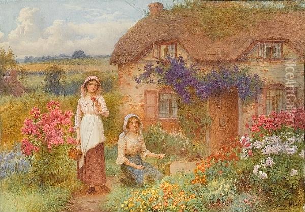 Young Girls In A Cottage Garden Oil Painting - William Affleck