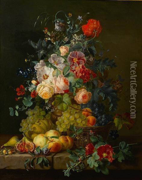 Still Life Of Fruit And Flowers On A Ledge Oil Painting - Kaercher Amalie