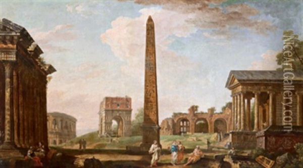 Romisches Capriccio Mit Dem Colosseum, Dem Arco Des Janusbogen Oil Painting - Giovanni Paolo Panini