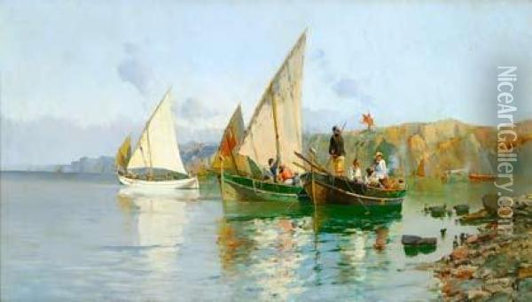 Barcas Y Pescadores Frente A La Costa. Oil Painting - Francisco Hernandez Monjo
