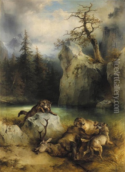 Rehbock Von Wolfen Uberfallen (wolves Preying On A Stag) Oil Painting - Friedrich Gauermann
