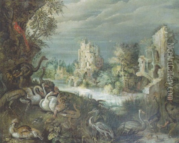 Ducks, Swans And Other Birds On A River Bank, Ruins In A Wooded Landscape Beyond Oil Painting - Roelandt Savery
