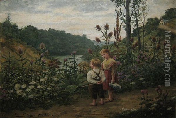 Deux Enfants A Modave Oil Painting - Constant Aime Marie Cap