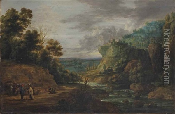 An Extensive Mountainous Landscape With A Fortune Teller And Other Figures On A River Bank Oil Painting - Lucas Van Uden