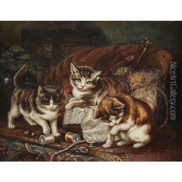 Kitten In A Basket Oil Painting - August Laux