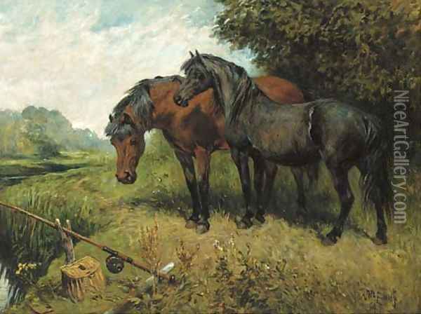 Ponies on a riverbank Oil Painting - John Emms