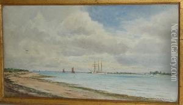 A Three-masted Ship And Sailing Barges On The Blackwater Estuary, Essex Oil Painting - William Stephen Tomkin