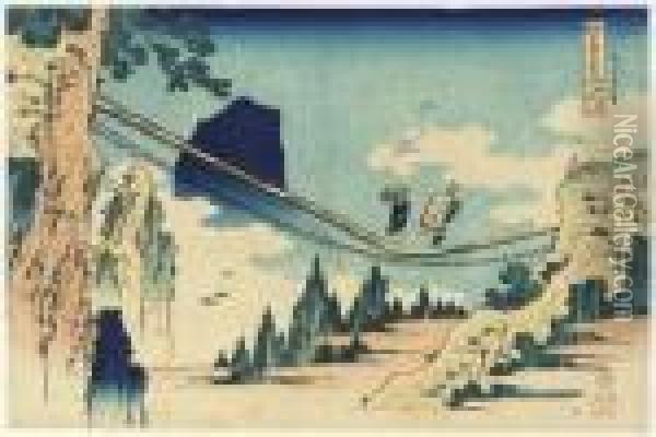 Hi-etsu No Sakai Tsuribashi (the
 Suspension Bridge Between Hida Andechizen Provinces), From The Series 
Shokoku Meikyo Kiran (wondrousviews Of Famous Bridges In All The 
Provinces) Oil Painting - Katsushika Hokusai